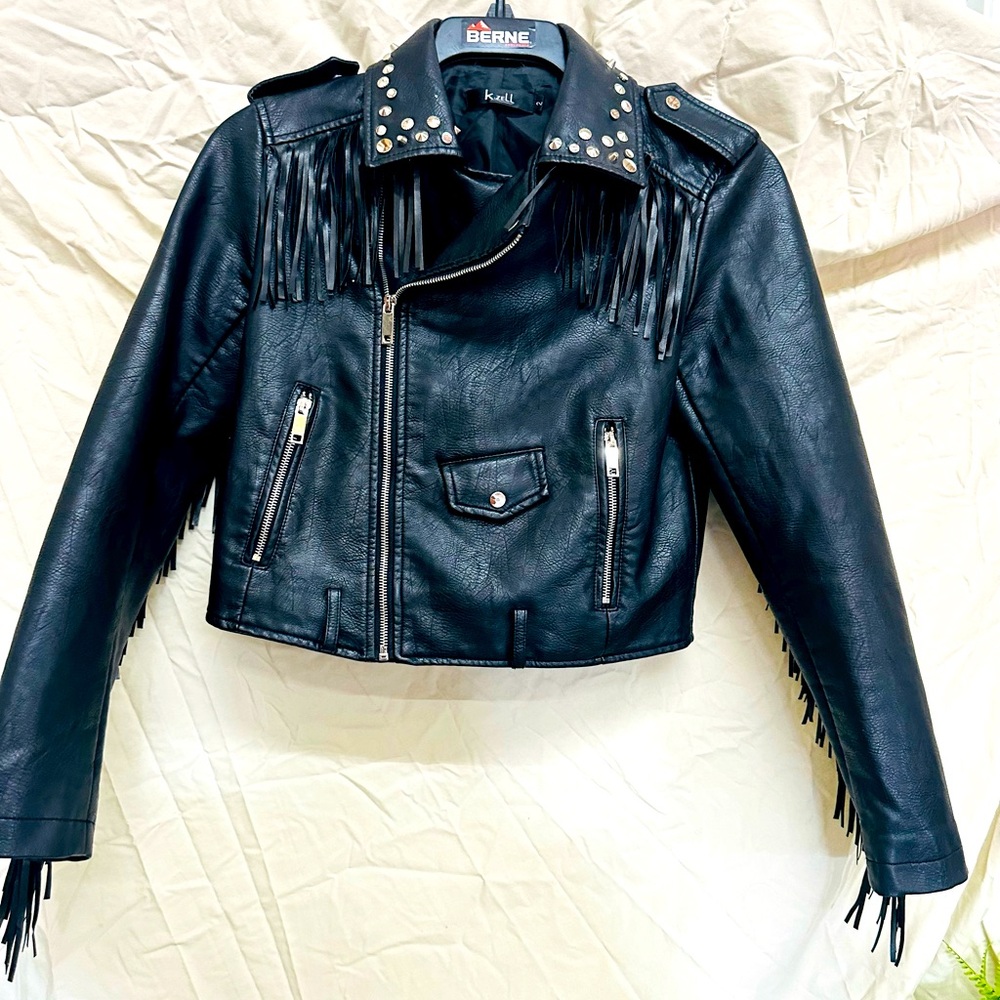Black leather like fringed crop jacket